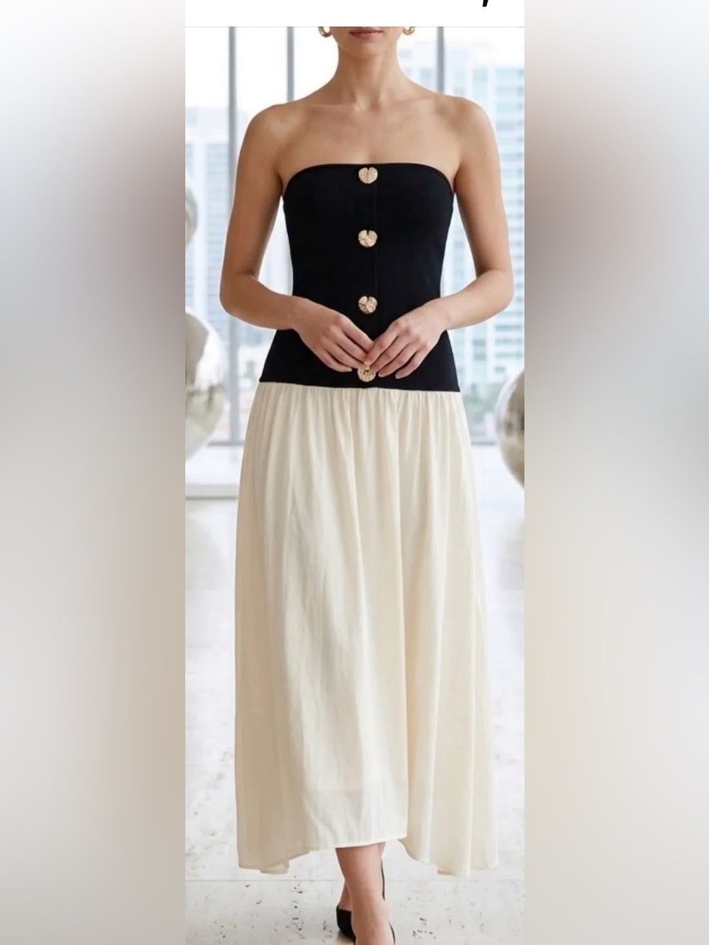 Classy Two-Tone Black and Cream Strapless Midi Dress medium